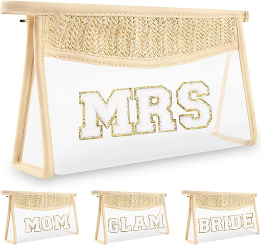 Clear Makeup Letter Patch Makeup Bag MRS Pouch, Boho Clear Toiletry Bags Travel Small Cute Preppy Chenille Letter Cosmetic Zipper Pouch Purse, Waterproof Glitter Wedding Make Up Storage for Women(MRS)