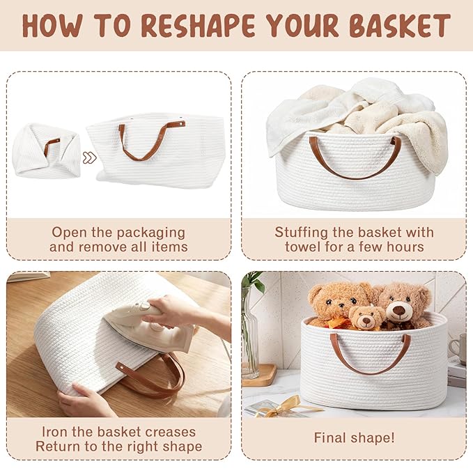 Colingmill Valentine's Day Empty Woven Gift Basket with PU Leather Handle and Bag 12" x 8" x 5"Cotton Rope Basket Organizer for Pet Toy Storage Baby Shower Birthday Party Wrapping Gift(16.5*10*9 Inch)