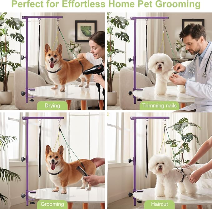 Home Dog Grooming Table Arm with Hammock 35" Height Adjustable Dog Grooming Arm with Clamp No-Sit Haunch Holders Durable Purple(Grooming Table Not Included)