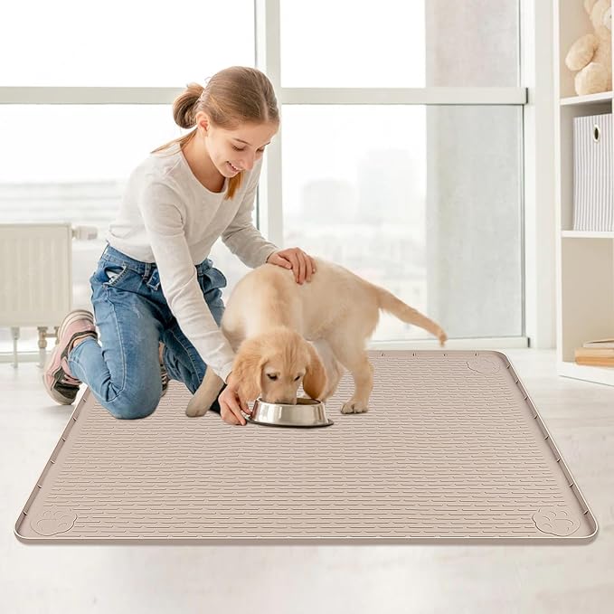 Bartuke Cat Food Mat, 40" x 28" Extra Large Silicone Pet Feeding Mat with Raised Edge Pet Placemat for Food and Water Bowl Non-Slip, Easy to Clean, Floor Protection (Khaki)