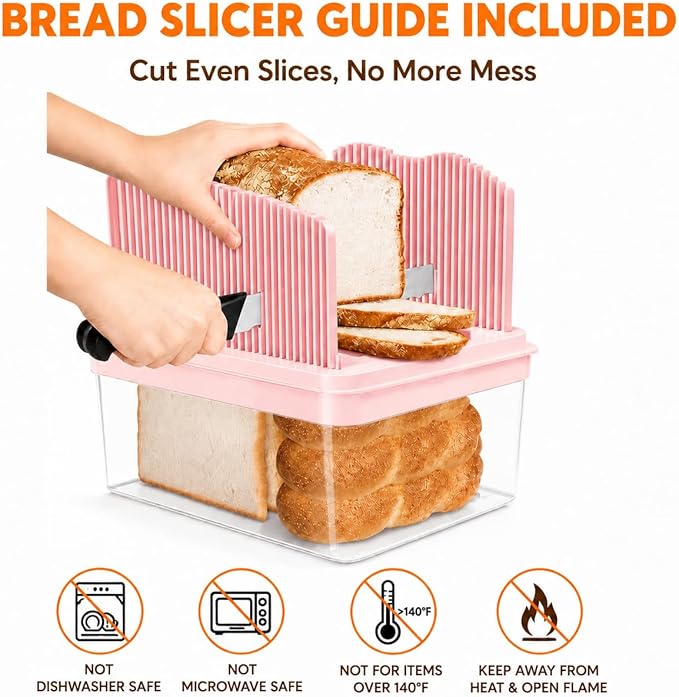 Bread Box with Slicer & Ice Chilled Condiment Caddy, Portable Airtight Bread Storage Container with Lid Handle for Kitchen Counter, Bread Keeper for Homemade Bread,Toast, Bagel, Cookies, Pink