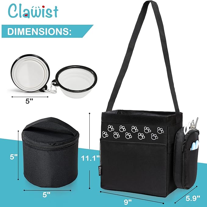 CLAWIST Dog Travel Bag - Airline Approved, 2 Food Containers, 2 Bowls, Treat Pouch & Accessories