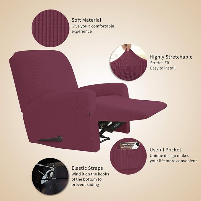 Easy-Going Recliner Stretch Sofa Slipcover Sofa Cover 4-Pieces Furniture Protector Couch Soft with Elastic Bottom Polyester Spandex Jacquard Fabric Small Checks(Recliner, ASH Rose) Large
