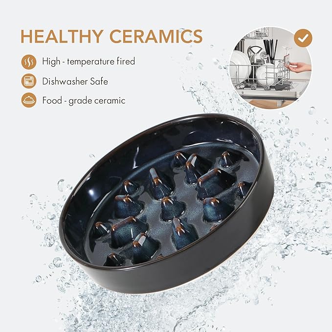 Ceramic 1.6 Cup Raised Slow Feeder Dog Bowl Set, Elevated 7.3inch Bowl and 8.2inch Slow Feeder Dish with Acacia Wood Stand for Medium and Large Dogs (2 x Starry Sky+ Stand)
