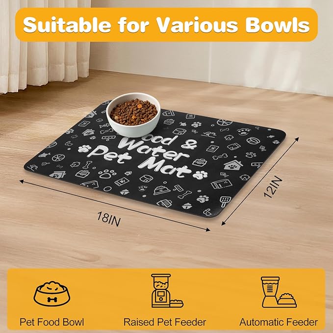 Pet Feeding Mat,Dog Cat Mat for Food and Water,Dog Bowl Waterproof Placemat with Rubber Backing,Absorbent Quick Dry Water Dispenser Mat for Pet（Black 12"×18"）