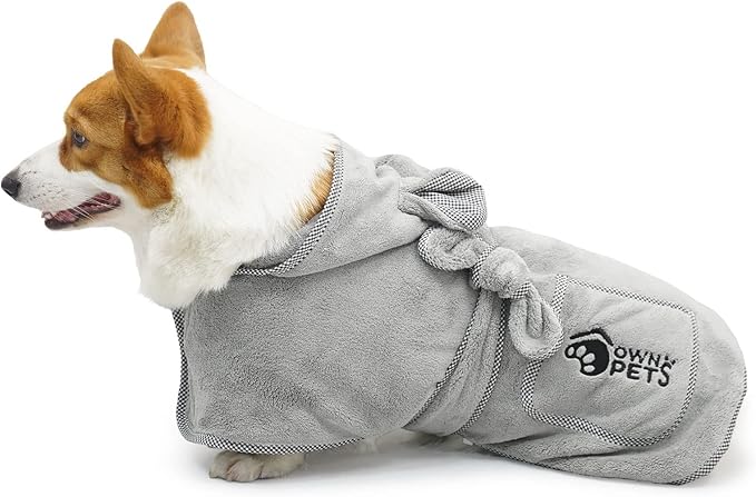 Ownpets Dog Bathrobe Towel, Super Absorbent Soft Dog Drying Robe with Cap & Pocket for Bathing & Beach Trips, Microfibre Fast Drying Dog Towel Robe for Dogs and Cats(Small)