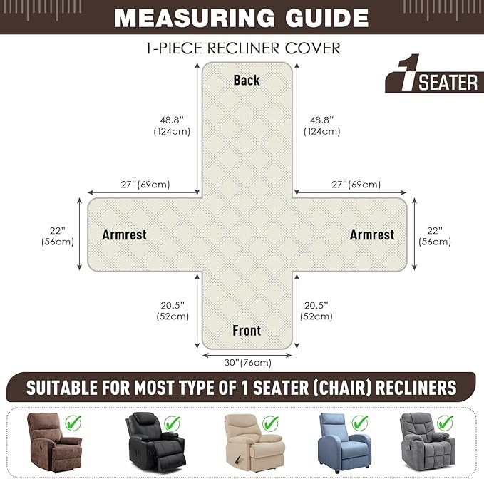 TAOCOCO Waterproof Recliner Chair Covers 30 Inch Wide, Oversized Recliner Covers for Recliner Chair with Pocket, Recliner Slipcovers with Straps Furniture Protector for Kids Pets (30'', Chocolate)