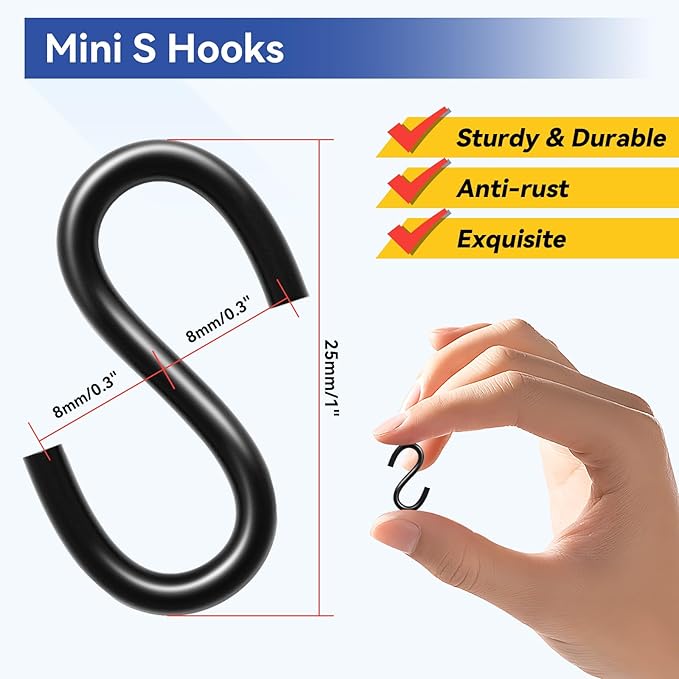50PCS 1 Inch S Hooks, Mini Black Carbon Steel S Hooks for Hanging Plants, DIY Crafts, Jewelry, Key Chains, Christmas Ornaments