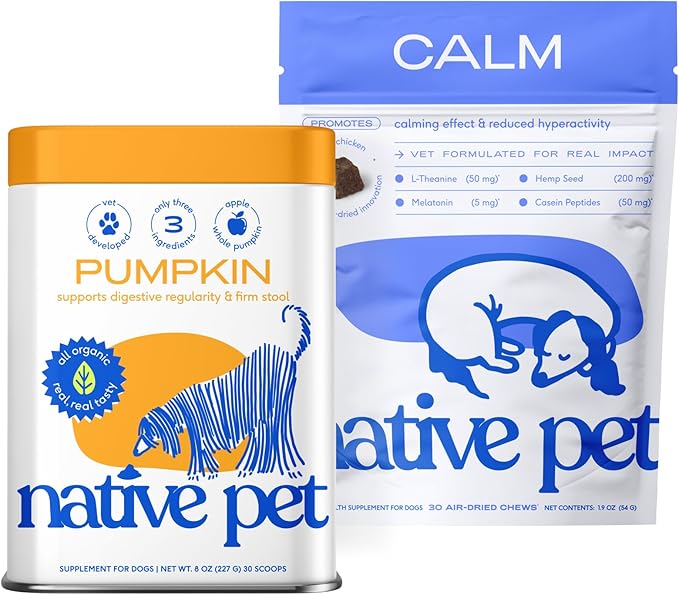 Native Pet Calm & Comfort Bundle: Dog Calming Chews (30 Air-Dried Chews) & Pumpkin for Dogs (30 Scoops) - Natural Anxiety Relief with Melatonin & Organic Pumpkin Powder Rich in Fiber