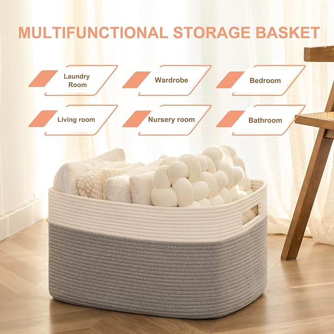 SIXDOVE 75L Large Blanket Basket, Toy Basket Bin for Kids, Cotton Rope Woven Storage Baskets for Living Room, Bedroom, Nursery, Baby Room Decorative Organizer, 22''×17''×12'', Grey and White