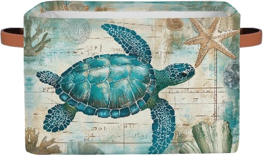 Sea Turtle Retro Map Storage Basket Bin Nautical Ocean Starfish Large Fabric Toys Storage Cube Box with Handles Collapsible Closet Shelf Cloth Organizer Basket for Nursery Bedroom Gift