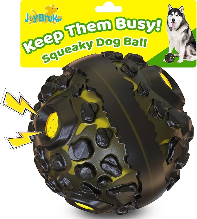 JoyBruko Dog Ball for Aggressive Chewers - Interactive Dog Toy Giggle Balls Fun Squeaky Sound to Keep Them Busy, Durable for Small Medium Large Breeds, Rubber Chew Toys, As Seen on TV, Black & Yellow