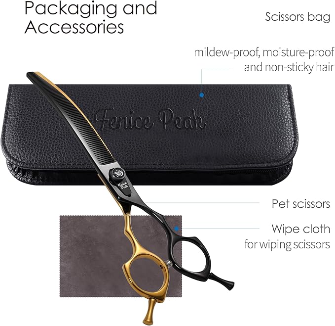 Fenice Peak Black and Golden Professional Curved Thinning Dog Grooming Scissors 7.5'' 440C Stainless Steel Thinner Shear Sharp and Durable with Decorative Screw