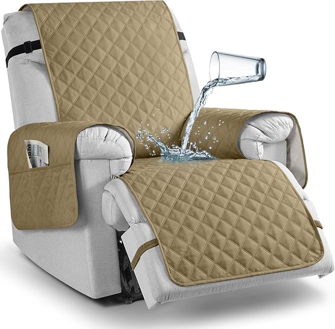 TAOCOCO Waterproof Recliner Chair Covers with Leg Strap 1 Piece Recliner Covers for Recliner Chair for Pets Kids, Washable Reclining Chair Cover Furniture Protector with Straps (23'' Small, Camel)