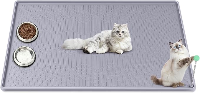 Cat Food Mat with Toy Ball, 34'' x 22'' Extra Large Silicone Pet Feeding Mat with Raised Edge Pet Placemat for Food and Water Bowl Non-Slip, Easy to Clean, Floor Protection (Grey)