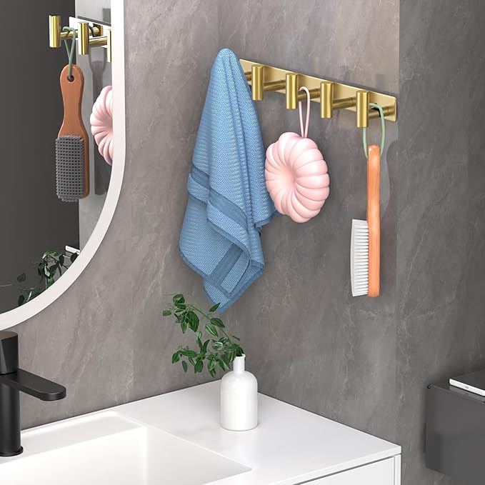 VINHOLD Wall Mounted Coat Rack-5 Hooks, Heavy Duty Stainless Steel Wall Hooks for Towel Coat Bag, Hat Rack Coat Hanger Coat Hooks Towel Racks for Bathroom Entryway Kitchen Hotel Office (Gold, 1 Pack)