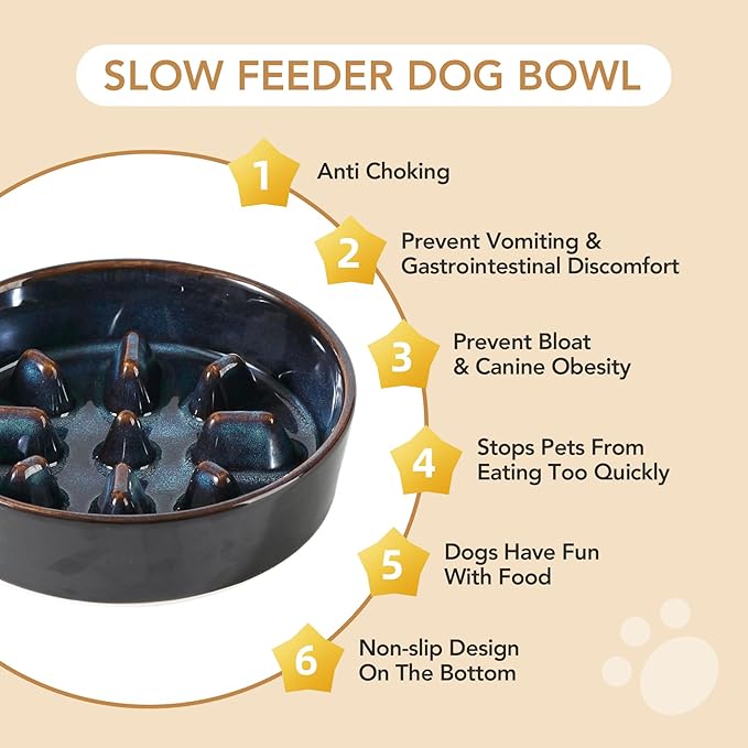 Ceramic 0.9 Cup Dog Bowl Slow Feeder, 6.1inch Slow Dog Food Bowl for Small Dog and Cat, Stop Bloat, Preventing Choking(Single Bowl, Starry Sky)
