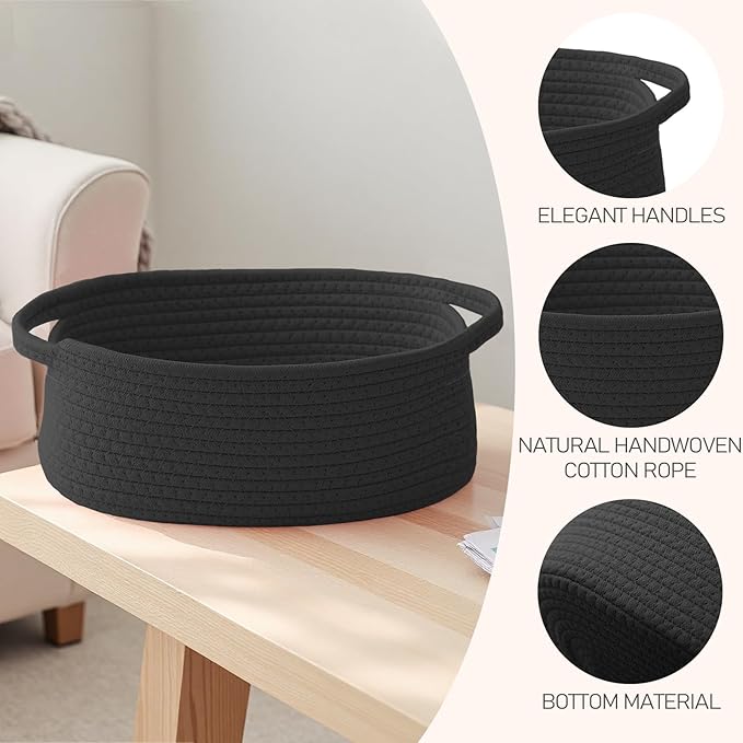 JMvicyroam Woven Basket,Small Rope Storage Bin with Handles & Ribbon Bag, Organizer for Shelves Closets,Gift Basket Empty for Birthday,Books,Dog Toys, Black
