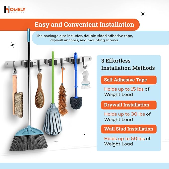 Mop and Broom Holder Wall Mount – Heavy-Duty Closet Organizer for Garage, Kitchen, Laundry Organization – Tool Hanger with 3 racks and 4 hooks