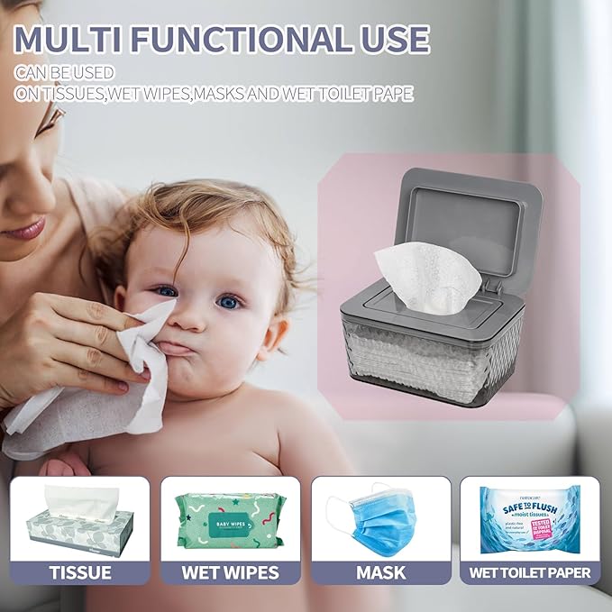 Whiidoom Wipes Dispenser, One-Handed Operation Wipe Holder for Baby & Adult, Seal-Designed Wipes Container for Bathroom Keep Diaper Wipes Fresh (Grey)