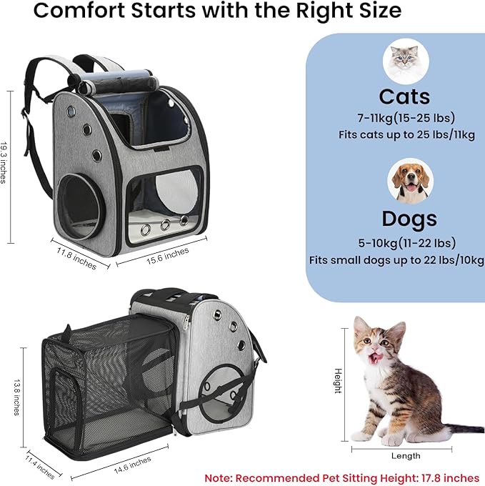Expandable Pet Carrier Backpack, Airline Approved Cat & Dog Backpack Carrier, Soft-Sided Travel Backpack with 4 Entrances, Breathable Ventilated Design, Holds up to 25 lbs