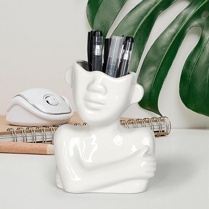 Ceramic Face Pen Holder Organizer, Female Form Face Pen Tools Storage Cup for Desk Accessories, Compact Pencil Holder for Desktop, Living Room, School, Home and Office Decor