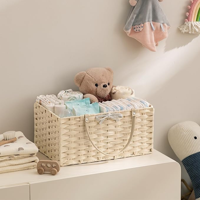 HBlife Large Diaper Caddy Organizer, Washable Waterproof, Portable Plastic Wicker Woven Basket with Divider, Nursery Diaper Station, Baby Shower Gifts Basket & Car Organizer