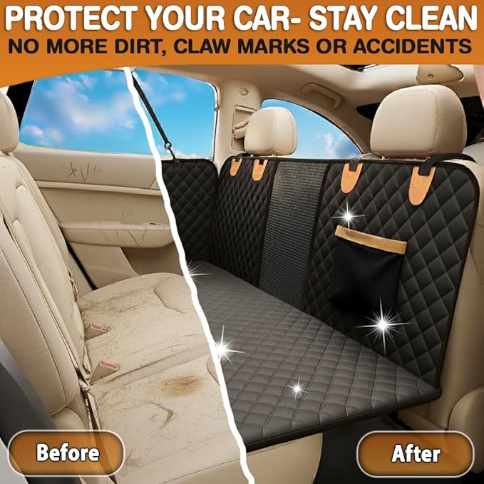 Back Seat Extender for Dogs – Hard Bottom Car Seat Cover for Dogs, Waterproof Rear Seat Protector with Mesh Window & Side Flaps, Fits Cars, SUVs, Trucks, Extra Space & Comfort