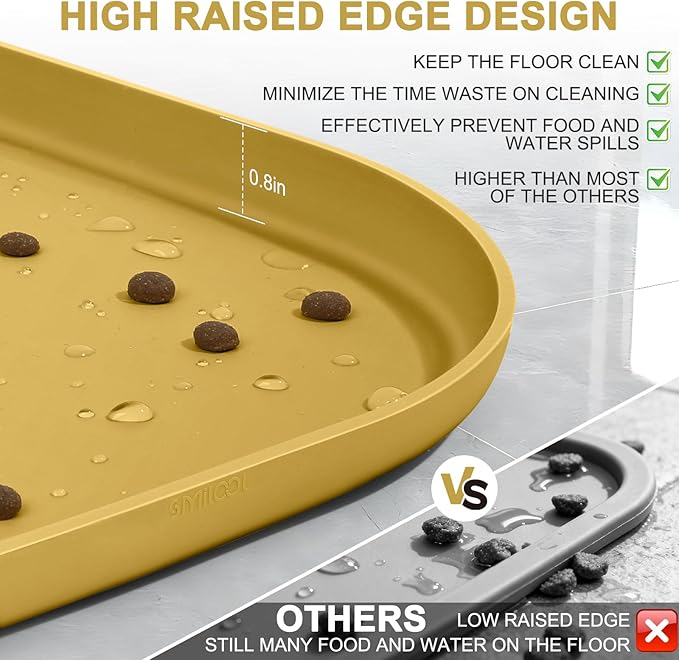 Silicone Pet Food Mat with Raised Edge for Food and Water Bowl, Dog Feeding Mats, Cat Food Trays for Floor Waterproof, Rubber Tray for Dogs and Cats, 22 x 14 x 0.8 Honey