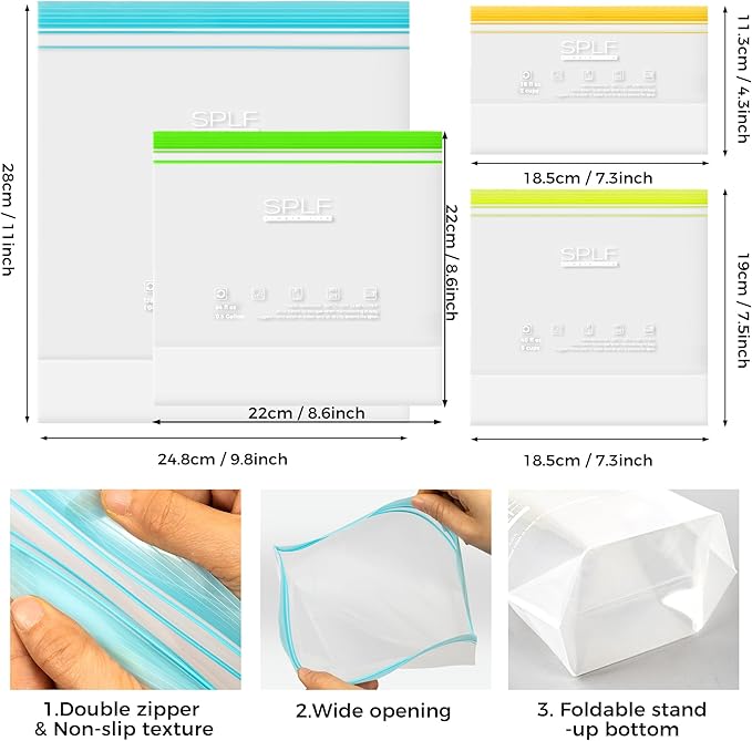 SPLF 20 Pack Reusable Half Gallon Freezer Bags Dishwasher Microwave Safe, 1/2 Gallon BPA Free Leakproof Food Storage Bags, Silicone Free Containers for Meal Prep, Fridge Kitchen Organization