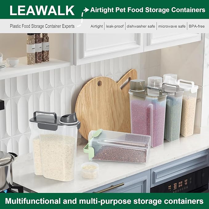 LEAWALK 5-7Lbs Cat Dog Storage Container, Portable Pet Food Containers with Upgraded Large Spout and Cup, Small Animal Kibble Dispenser for Bird Seed, Oatmeal, Rice, Flour (2, Dark Gray, 5L)
