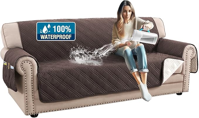 H.VERSAILTEX 100% Waterproof Couch Covers for 3 Cushion Couch Sofa Modern Sofa Slipcovers Thick Soft Furniture Protector with Elastic Straps(Sofa,Chocolate/Beige)