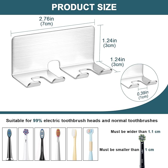 Toothbrush Holder Wall Mounted, Electric Toothbrush Head Holder for Bathrooms, Adhesive Toothbrush Head Holder, Stainless Steel Toothbrush Wall Holder, Shower Tooth Brushing Holder