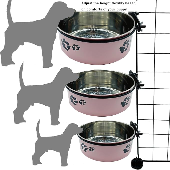 Dog Crate Food and Water Bowl 2Pcs Small Pet Hanging Kennel Removable Dish Feeding Cup No Spill with Holder for Medium Large Size Cat Puppy (Pink, 5.5''X2.3''&6.3‘’X2.5'')