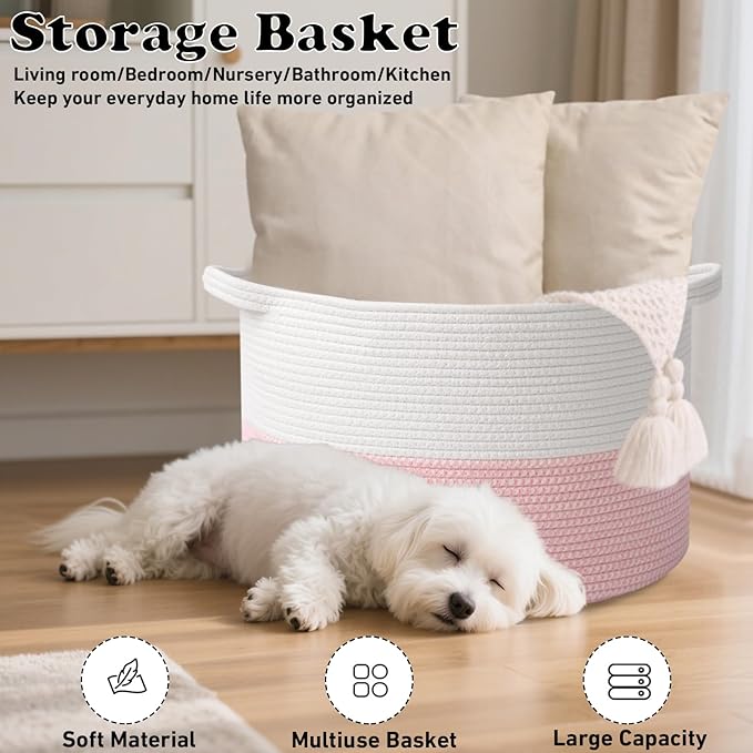 90L Extra Large Pink Woven Cotton Rope Basket with Handles, Kids Nursery Laundry Hamper for Toys, Blankets, Pillows & Comforters, Cute Storage Bin for Bedroom & Playroom
