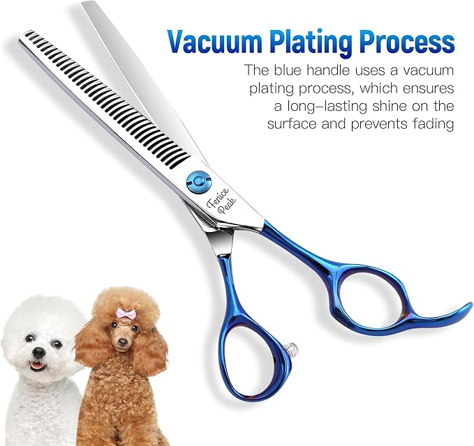 Fenice Peak Grooming Scissors for Dogs 7 inch Thinning Pet Grooming Scissors Ergonomically Designed Blue Handles Ideal Dog Shears for Precise Trimming Easy Use.