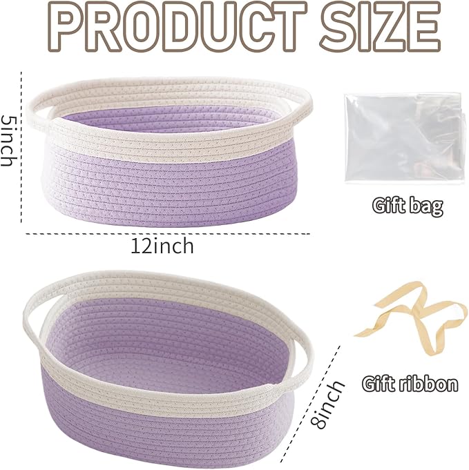 JMvicyroam Woven Basket,Small Rope Storage Bin with Handles & Ribbon Bag, Organizer for Shelves Closets,Gift Basket Empty for Birthday,Books,Dog Toys, White&Purple