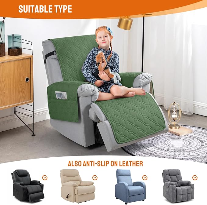 VANSOFY 100% Waterproof Recliner Chair Covers, Recliner Cover Non-Slip Dog Chair Cover Furniture Protector Washable Slipcover with Pocket, Elastic Straps for Pets, Dogs(Vine Green, 25")