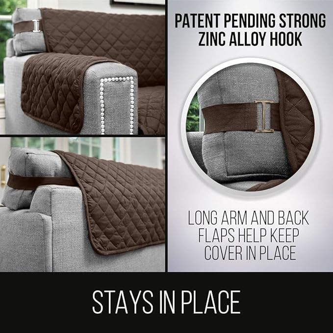 Sofa Shield Recliner Slip Cover with Patented Strap, Cushion Protector, US Designed Reversible Stain and Dog Tear Resistant Slipcover, 28 inch Seat, Washable Covers for Dogs Pets, Chocolate