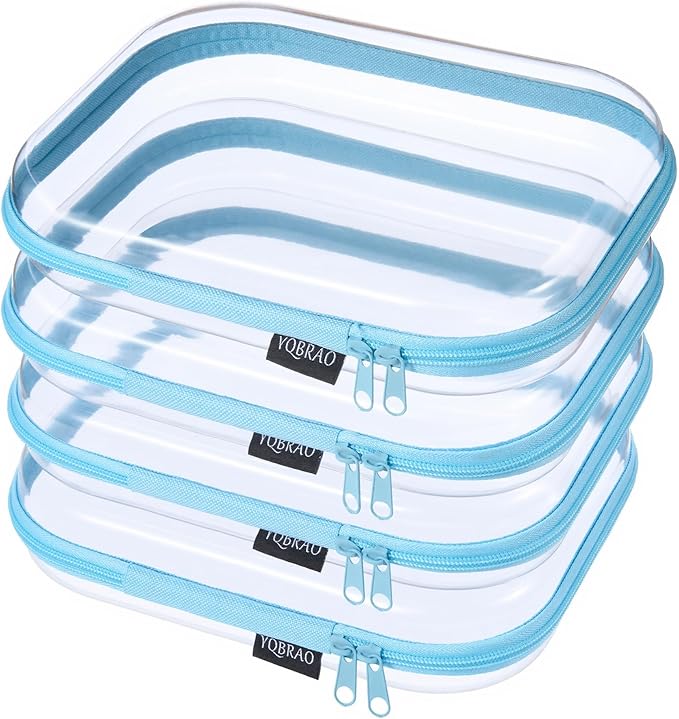 YQBRAO 4-Pack Clear Diaper Bag Organizer Pouches, 1.2mm Ultra-Thick PET Travel Pouches for Toiletries & Makeup, Rigid Self-Standing Bags with YKK Zippers, TSA Approved (Blue)