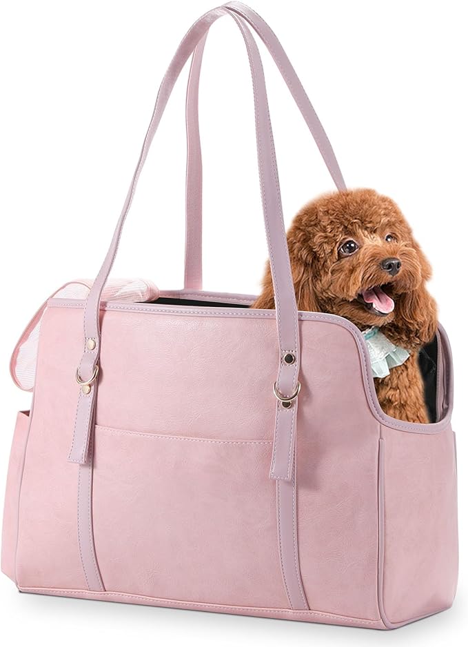 Lasaviin Dog Carrier Purse, Fashion Leather Pet Carrier with Pockets, Airline Approved Soft Sided Dog Carrying Bag for Puppy Cat Dog Pink