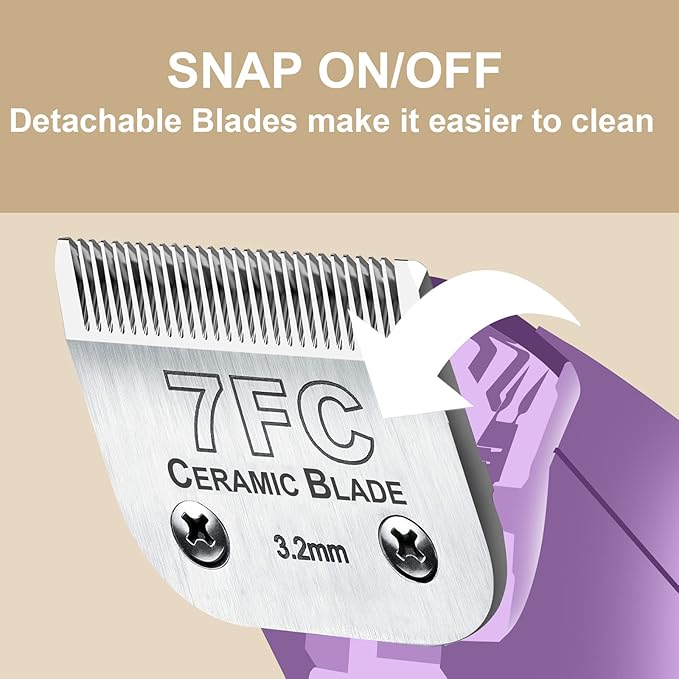 DODAER Detachable Pet Dog Clipper Blades, Compatible with Andis Size-7FC Cut Length 1/8"(3.2mm), Most Oster A5, Wahl KM Series Clippers,Made of Ceramic Blade & Stainless Steel Blade