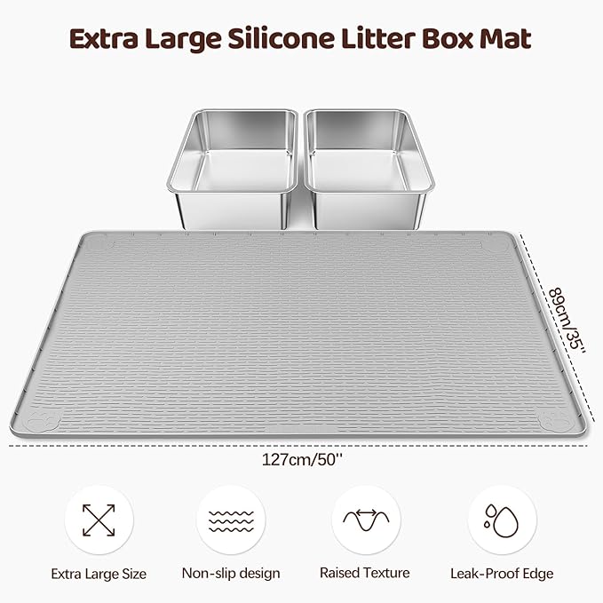 Bartuke Cat Litter Mat, XXL Extra Large 50" x 35" Silicone Mat Litter Trapping Mat for Scatter Control, Soft on Kitty Paws, Easy to Clean (Grey)