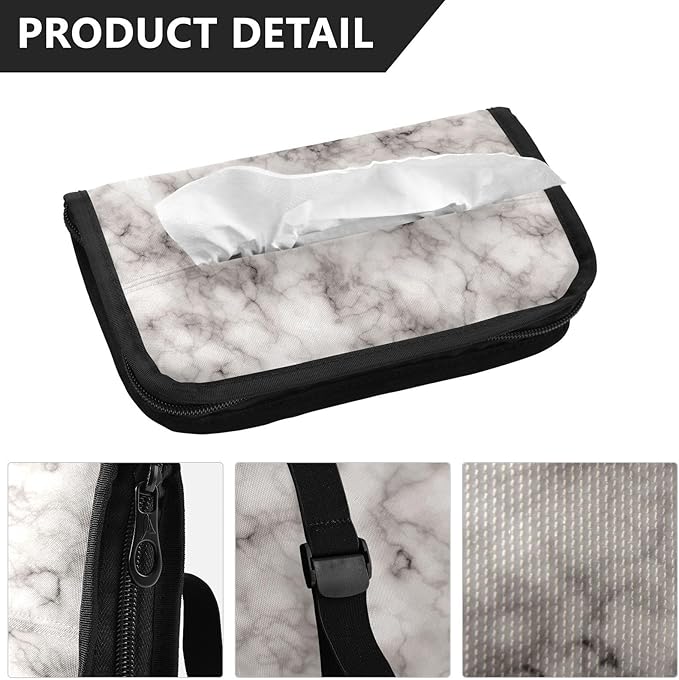 Car Tissue Holder Car Napkin Holder Car Tissue Box Dispenser Storage Case Sun Visor Mask Holder with Adjustable Straps Reusable Refillable Marble Grey