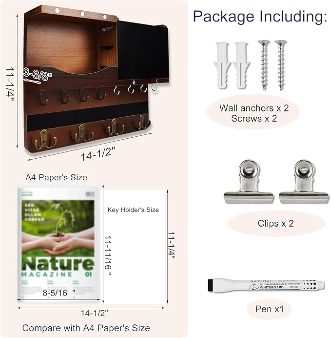 Key Holder for Wall Mount with Shelf and Mail Organizer, Key and Mail Holder with 16 Hooks, Farmhouse Entryway Organizer, Home Decor Rack(Pine Wood, Brown)