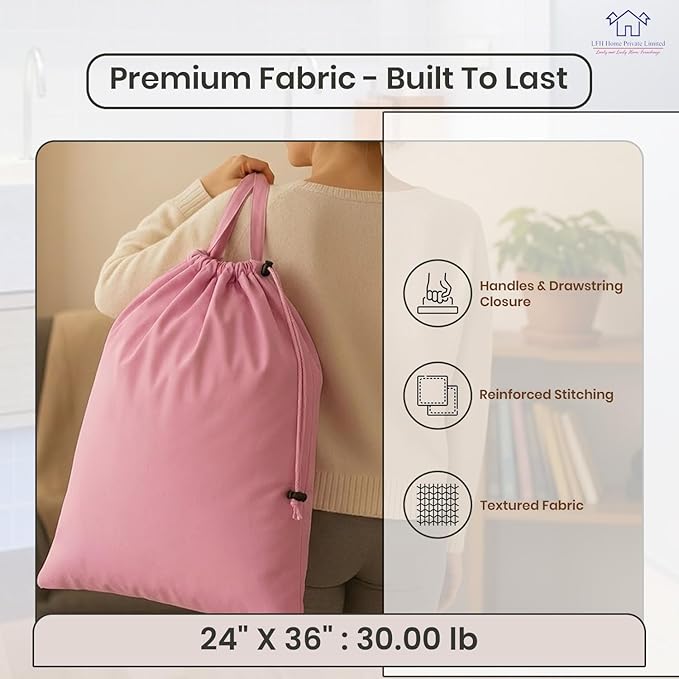 LFH Home Large Premium 1pack Cotton Canvas Laundry Bag with Drawstring and Handles Heavy Duty, Multi-Use, Washable for Home, Travel, College or Storage 24x36-Pink