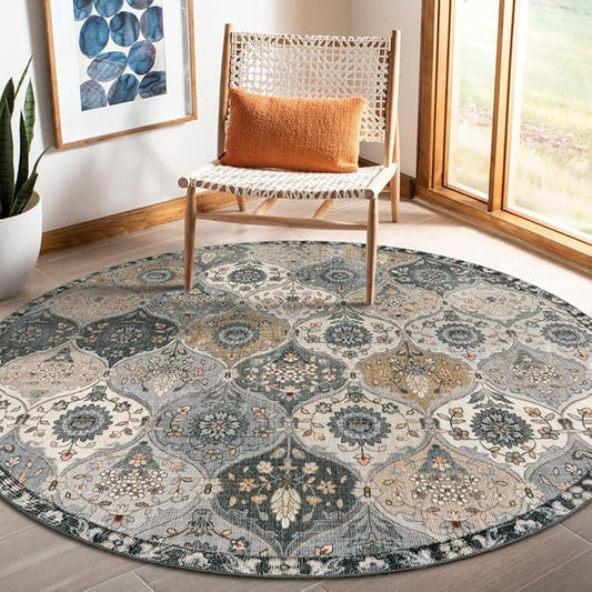 Lahome Moroccan Washable Round Area Rug, Soft Vintage Round Rugs 6ft for Dining Room Bedroom, Ultra-Thin Non-Slip Distress Large Circle Carpet for Living Room Nursery Elise, Grey