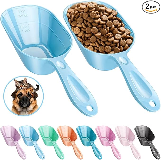 Fenenik Pet Food Scoop 2 Pack, Dog Cup Capacity Cat Food Scooper With Measuring Lines For Dog, Puppy and Cat Coffee Bean, Flour Scoop Light Bule