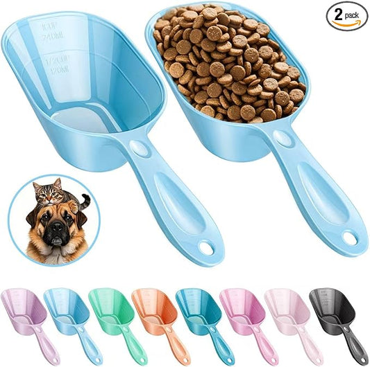 Fenenik Pet Food Scoop 2 Pack, Dog Cup Capacity Cat Food Scooper With Measuring Lines For Dog, Puppy and Cat Coffee Bean, Flour Scoop Light Bule