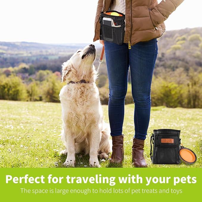 Dog Treat Training Pouch Easily Carries Pet Toys Kibble, Treats Built-in Poop Bag Dispenser 3 Ways to Wear Comes with a Foldable Silicone Bowl (Black)